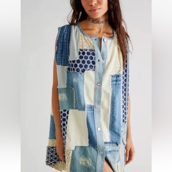 We The Free Tops - Free People Perfect Patchwork Denim Tunic Dress Distressed Lace Piecing Blue